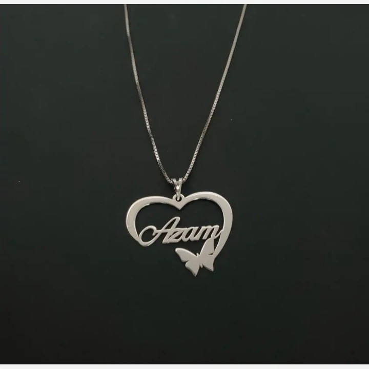 گردنبند نقره طرح قلب و پروانه اسم اعظم همراه با زنجیر نقره عیار 925