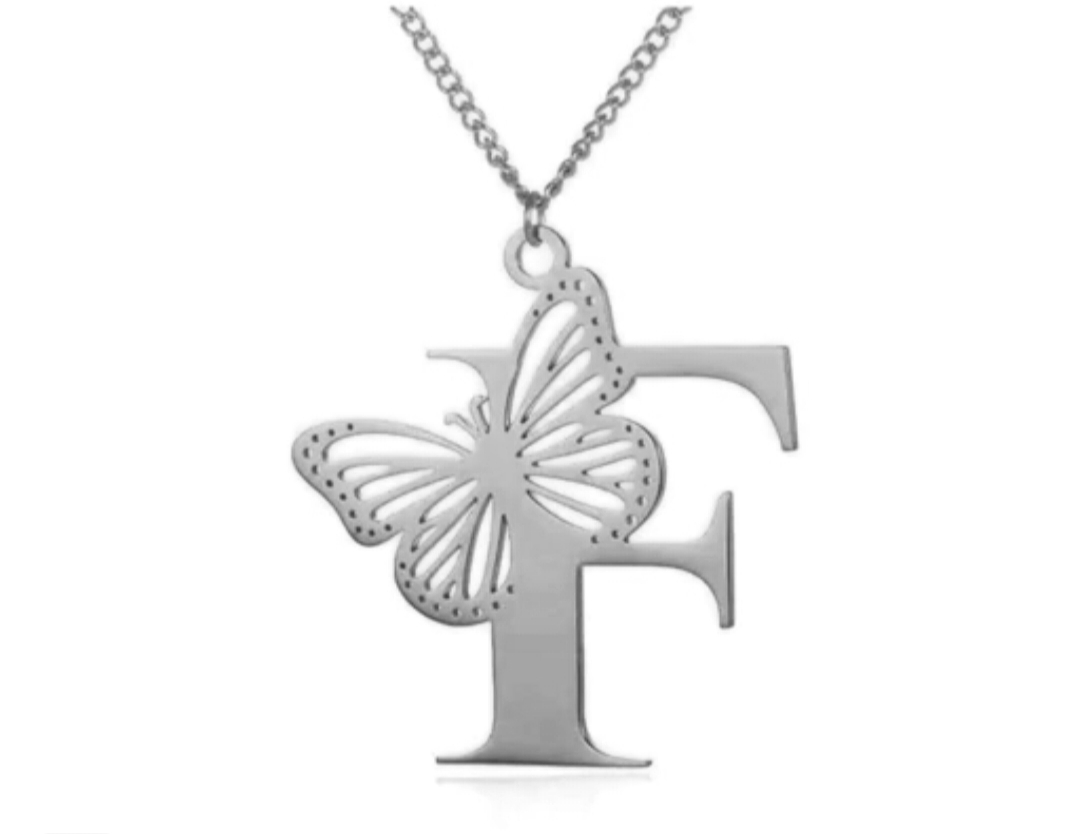 گردنبند نقره مدل حرف F و شاپرک